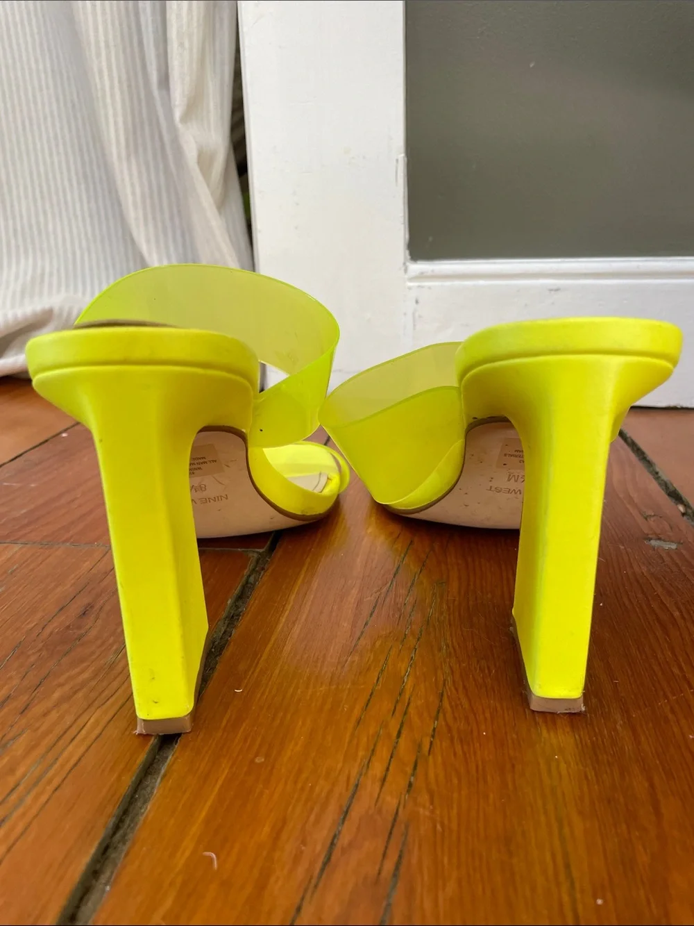 Nine West Neon Yellow Clear Strap Slide Heels